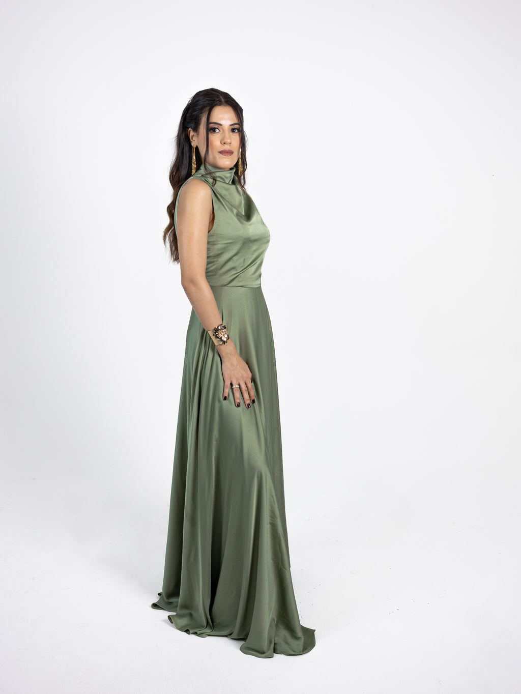 Sage Green High-Neck Draped Silk Gown