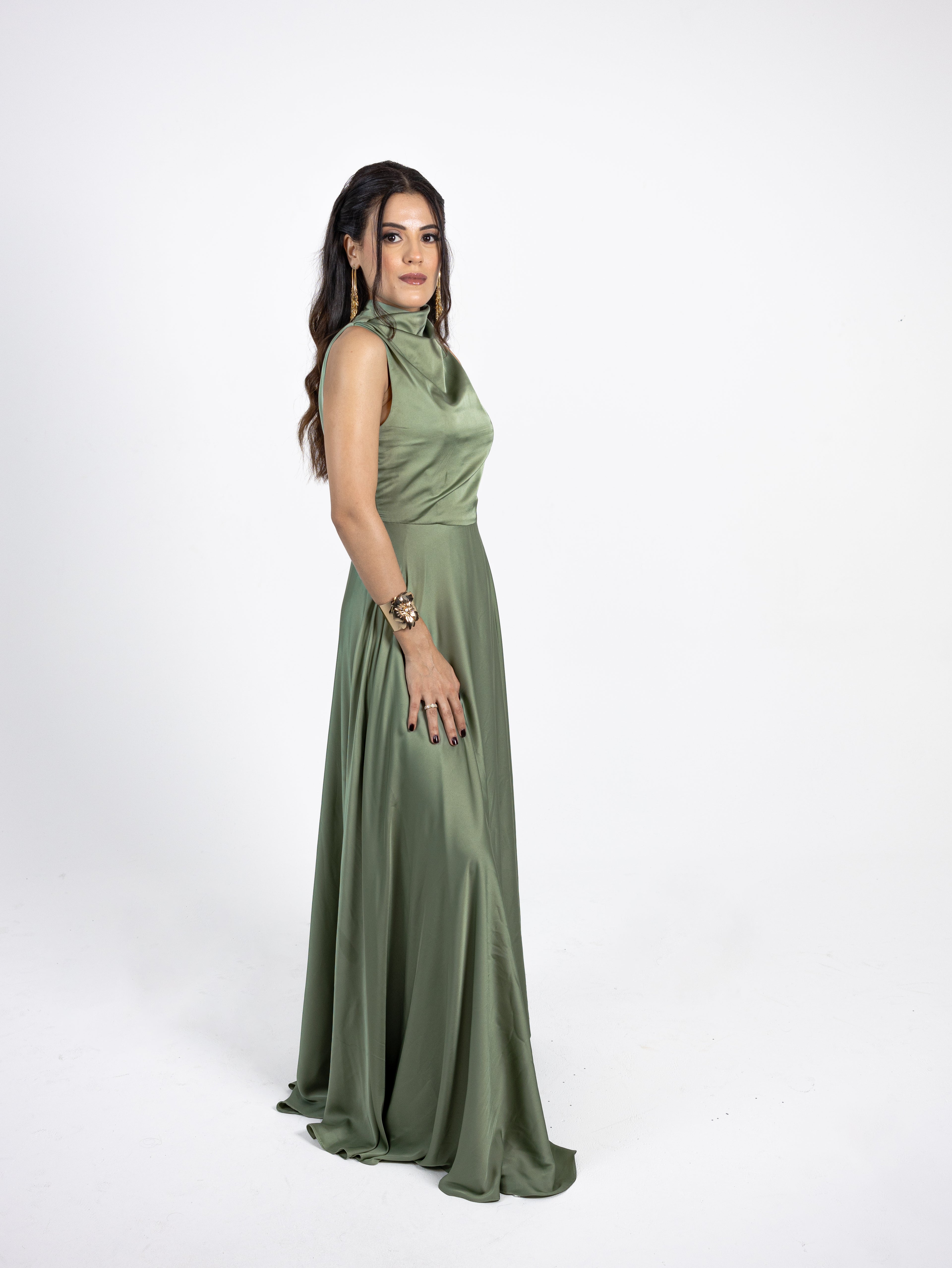 Sage Green High-Neck Draped Silk Gown