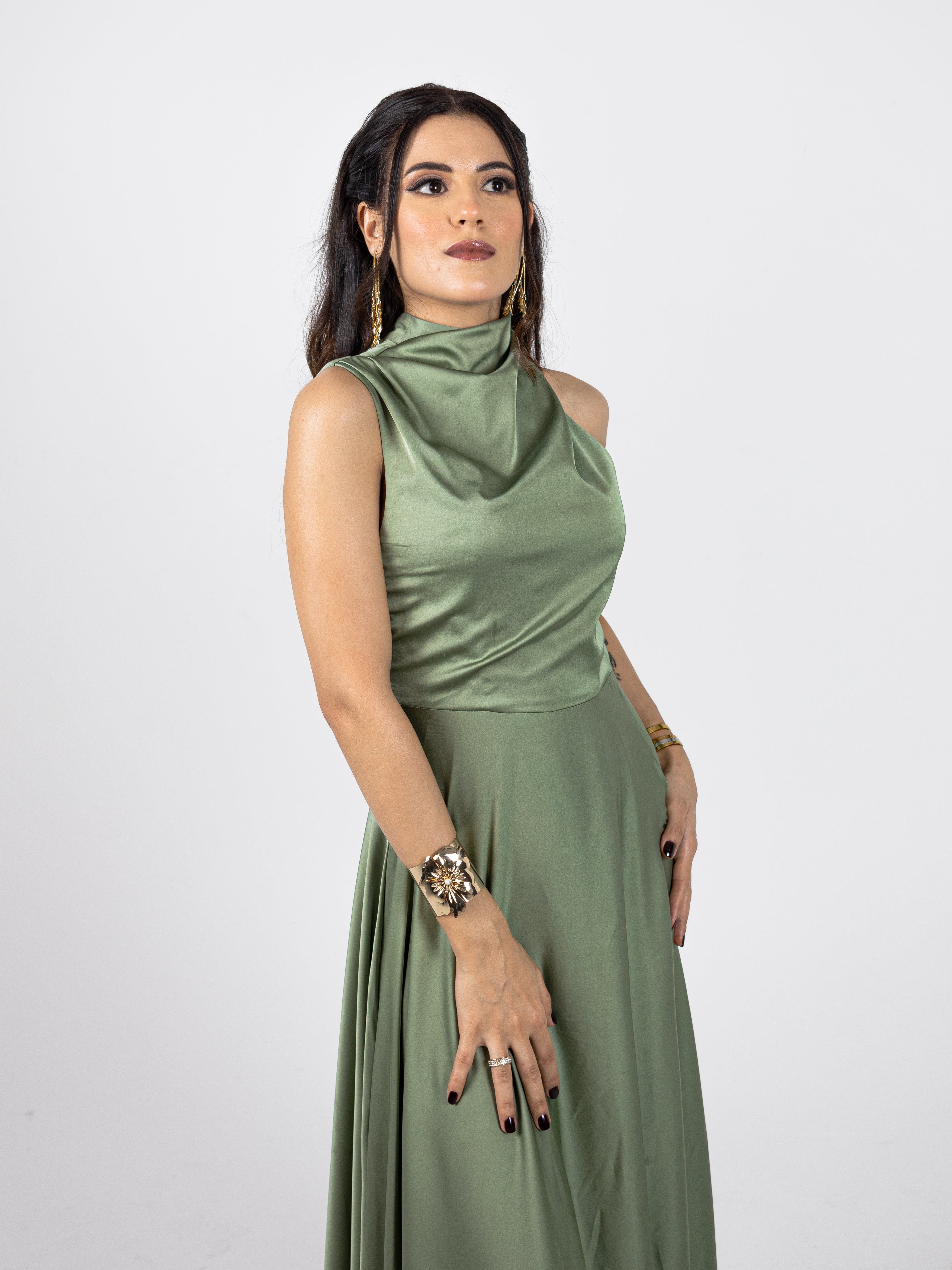 Sage Green High-Neck Draped Silk Gown