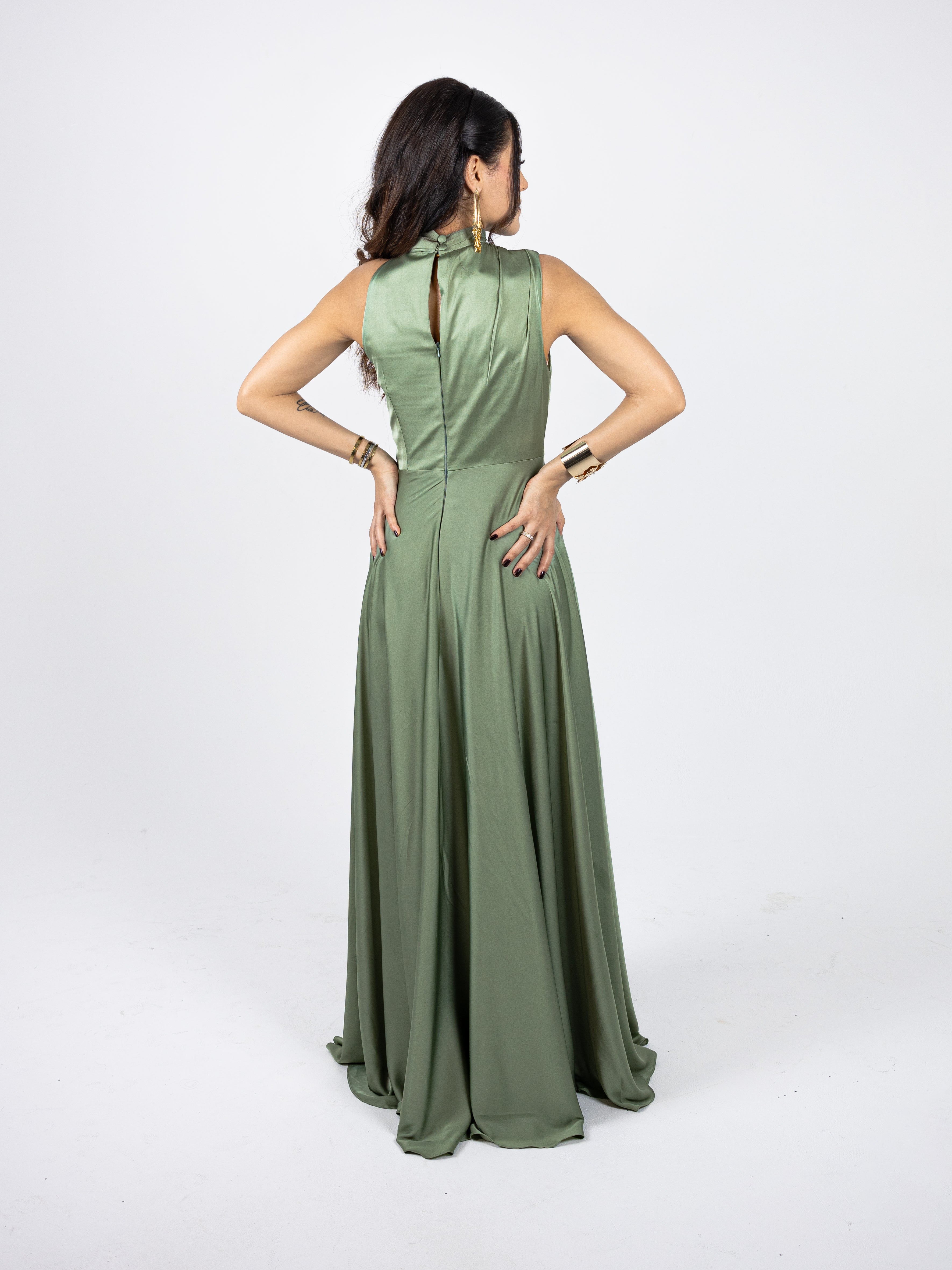 Sage Green High-Neck Draped Silk Gown