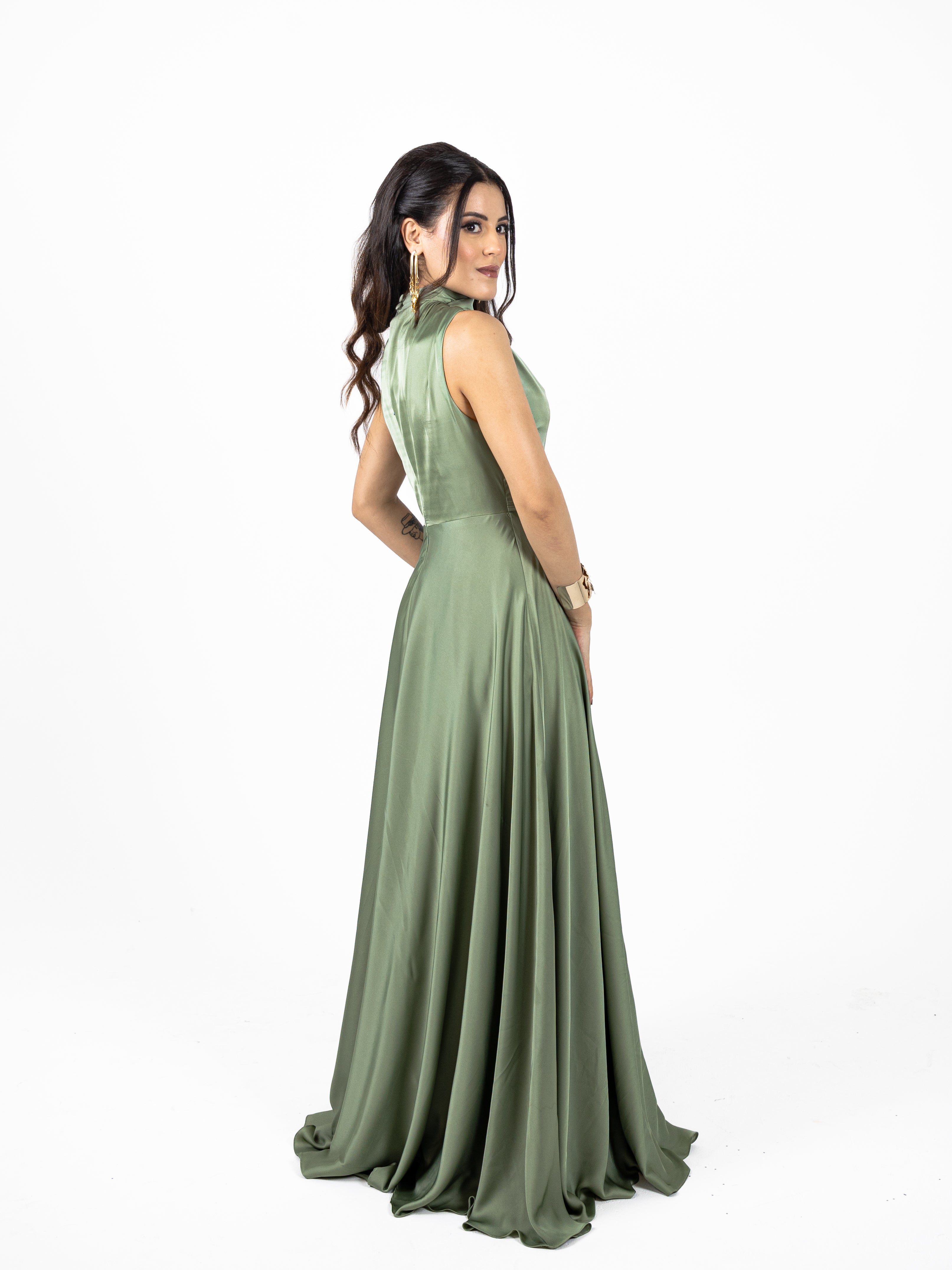 Sage Green High-Neck Draped Silk Gown