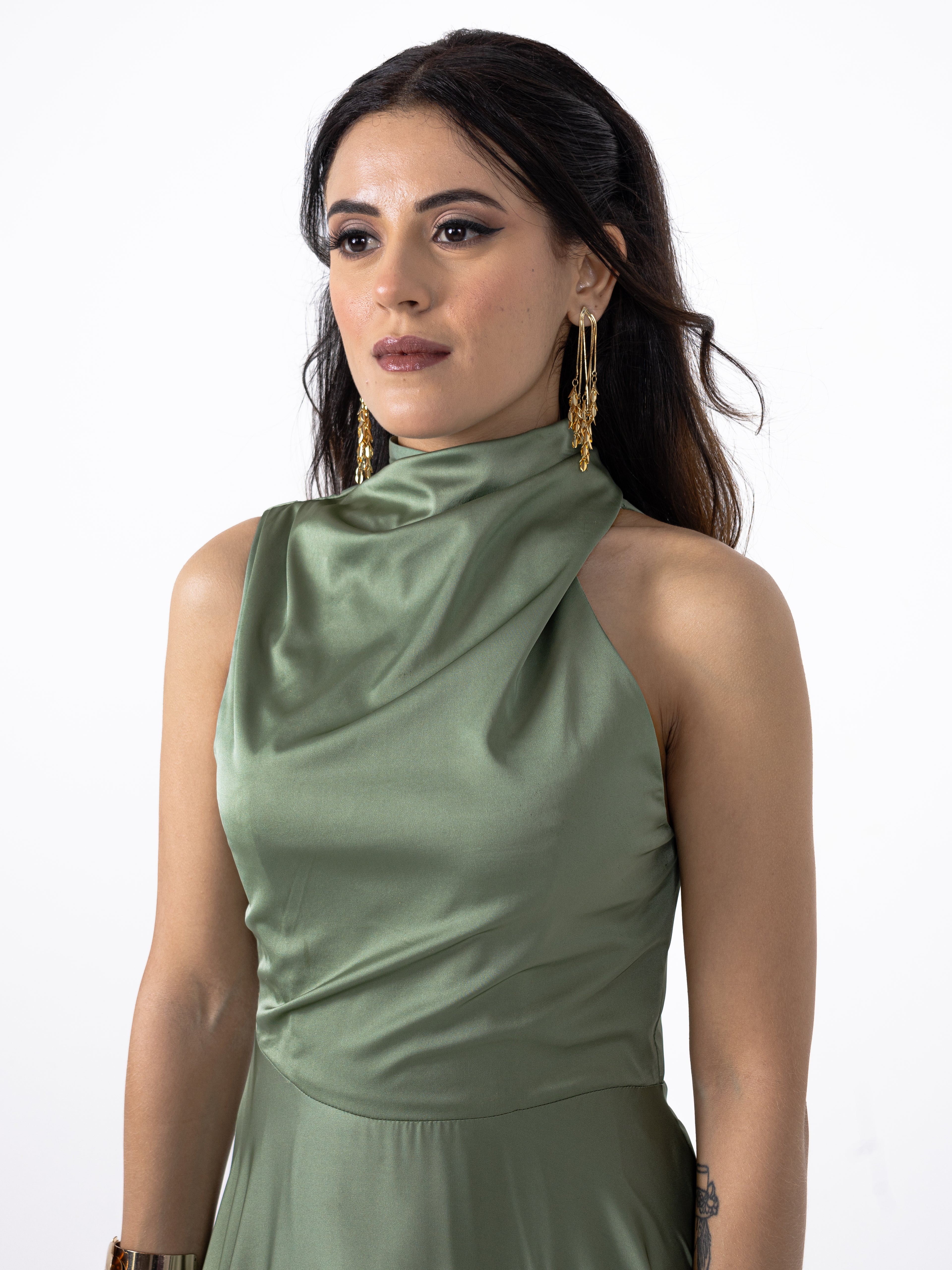 Sage Green High-Neck Draped Silk Gown