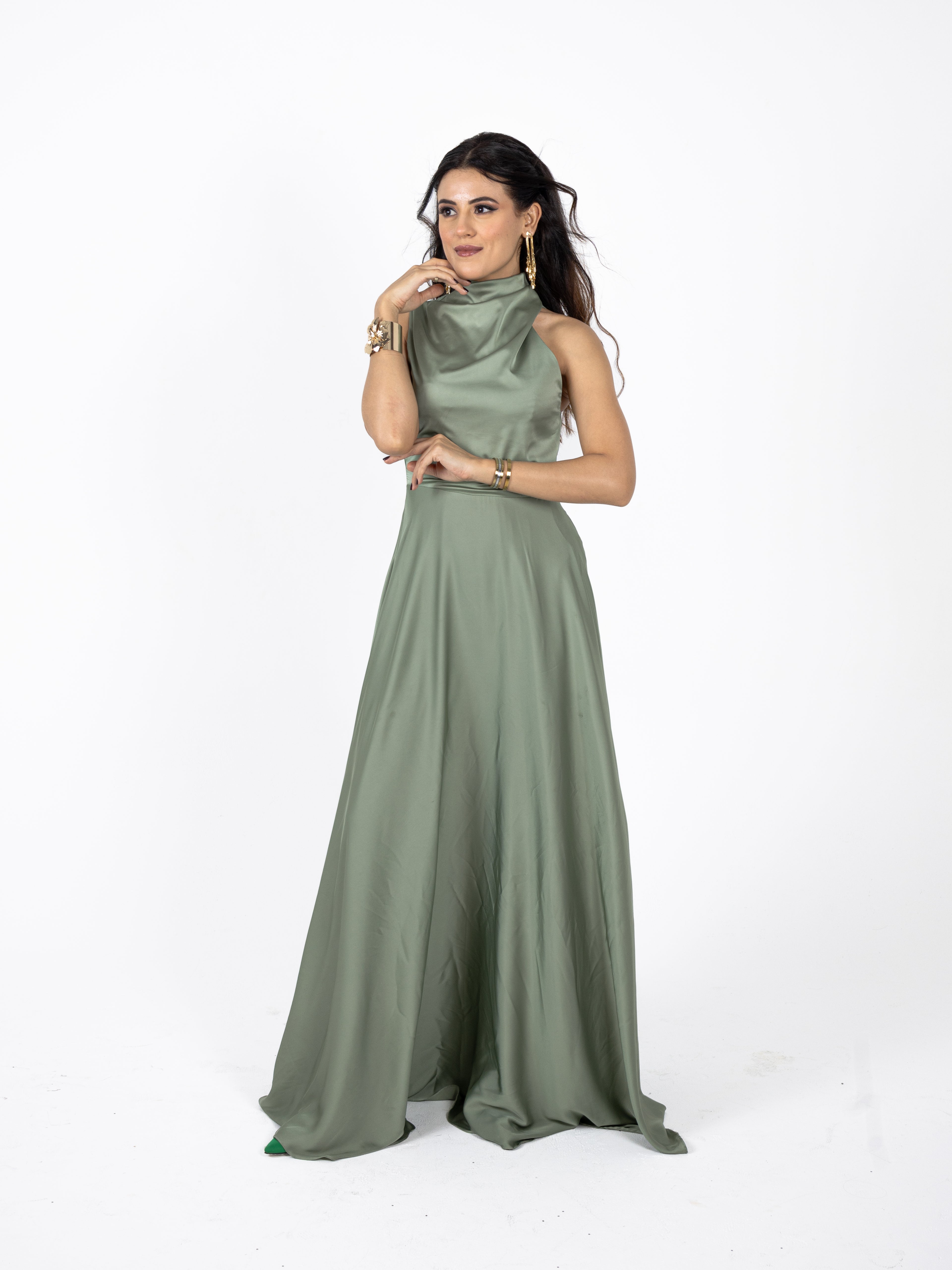 Sage Green High-Neck Draped Silk Gown
