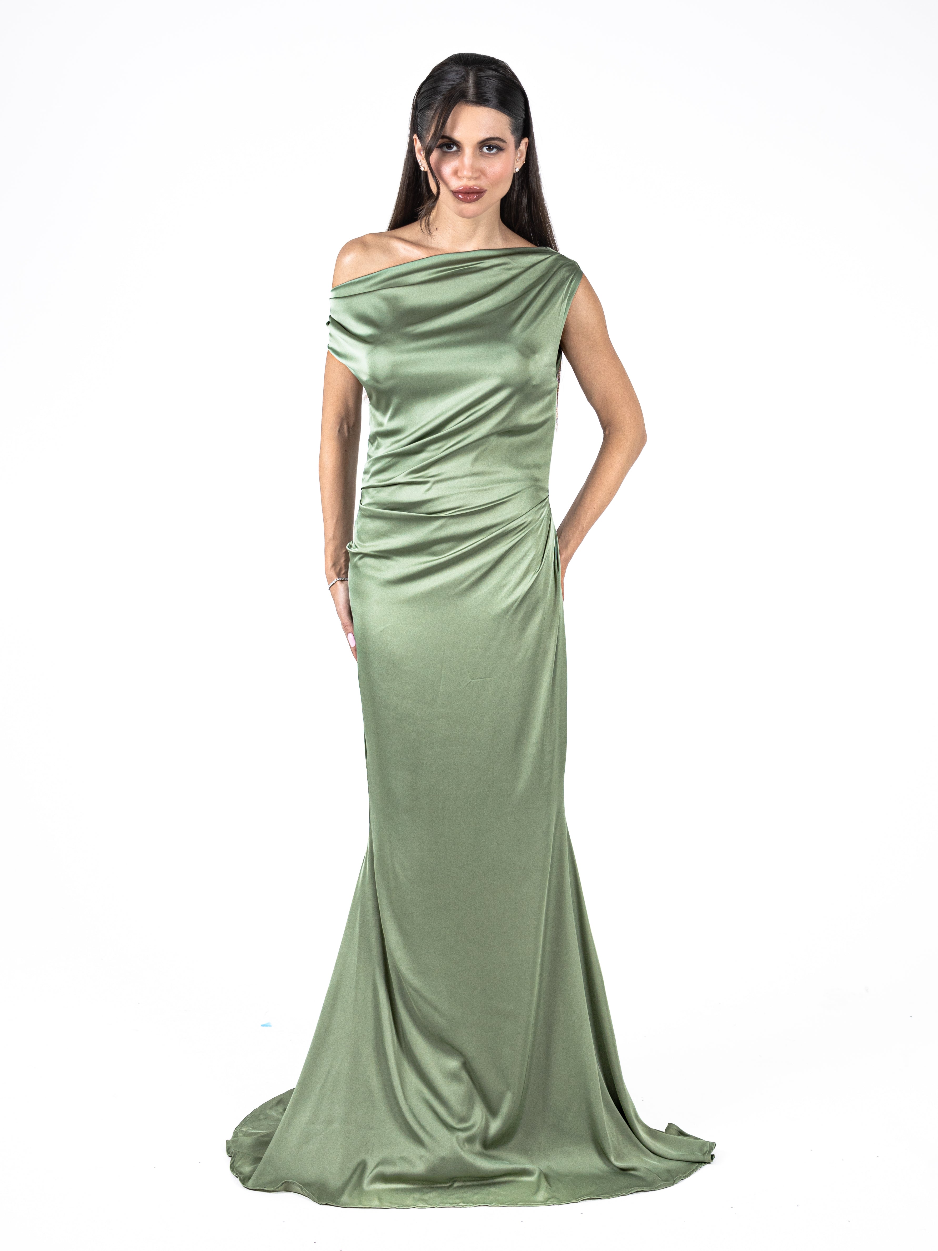 Manaizas — Olive Silk Drape Gown
