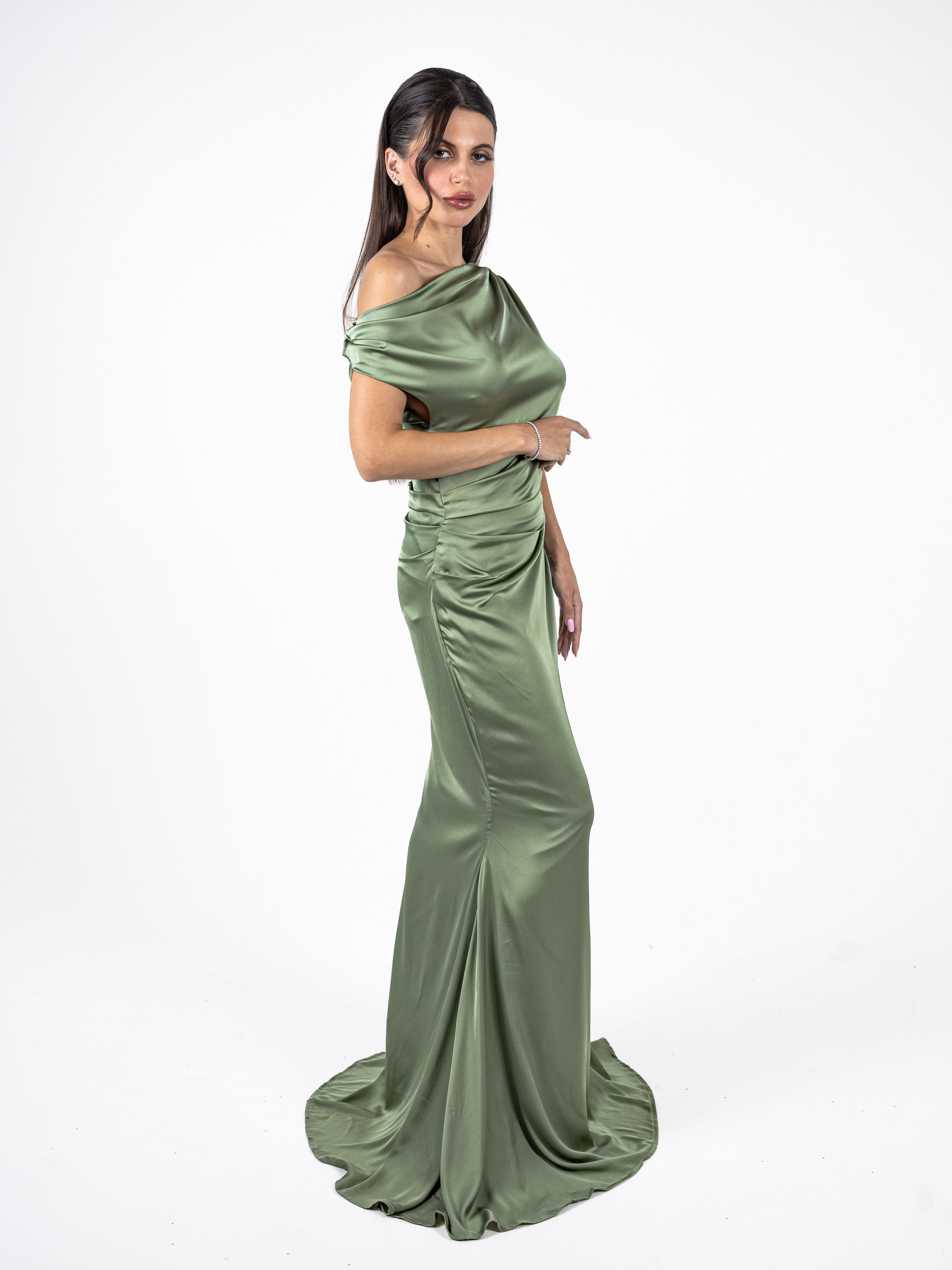 Manaizas — Olive Silk Drape Gown