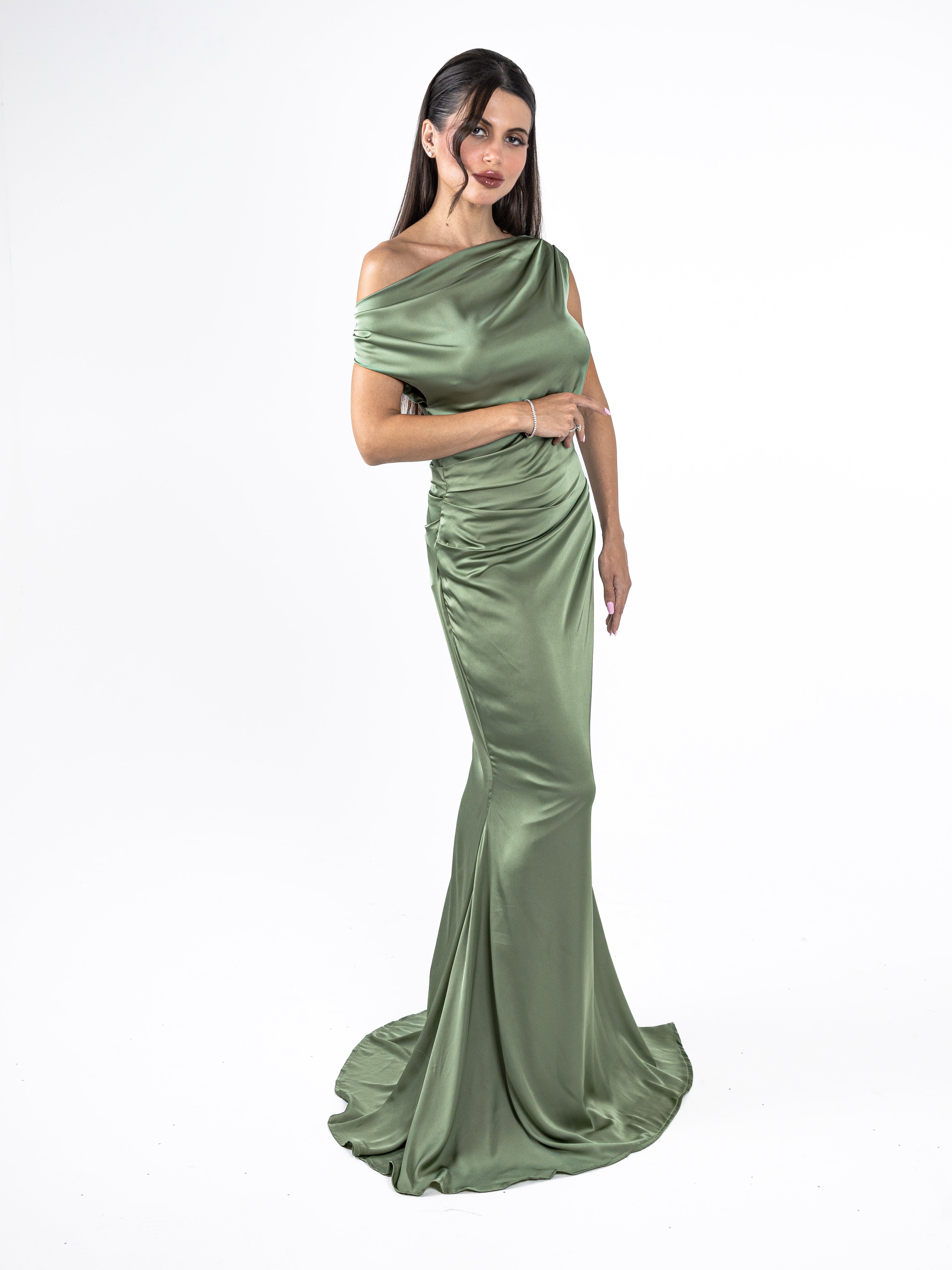 Manaizas — Olive Silk Drape Gown