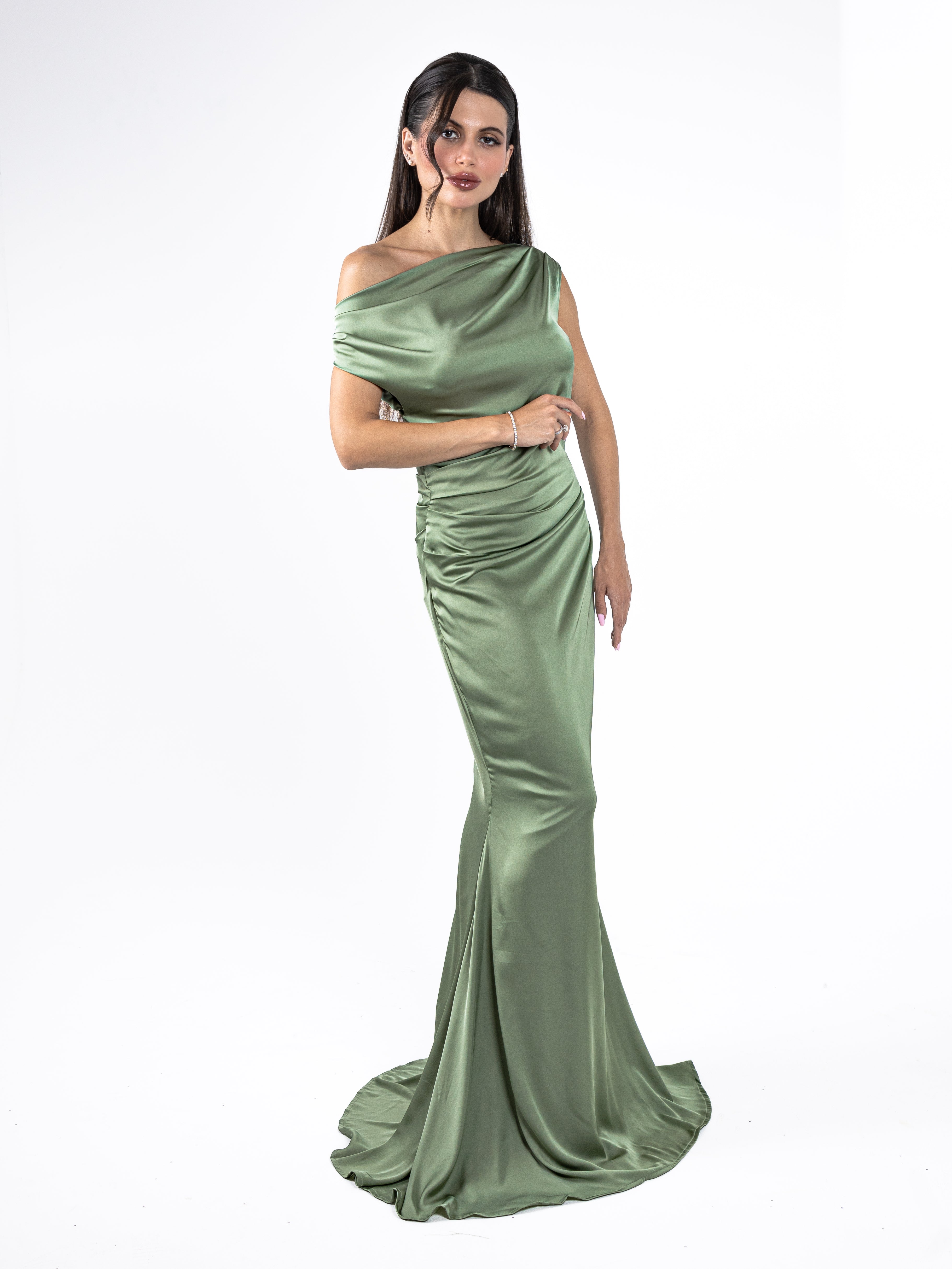Manaizas — Olive Silk Drape Gown