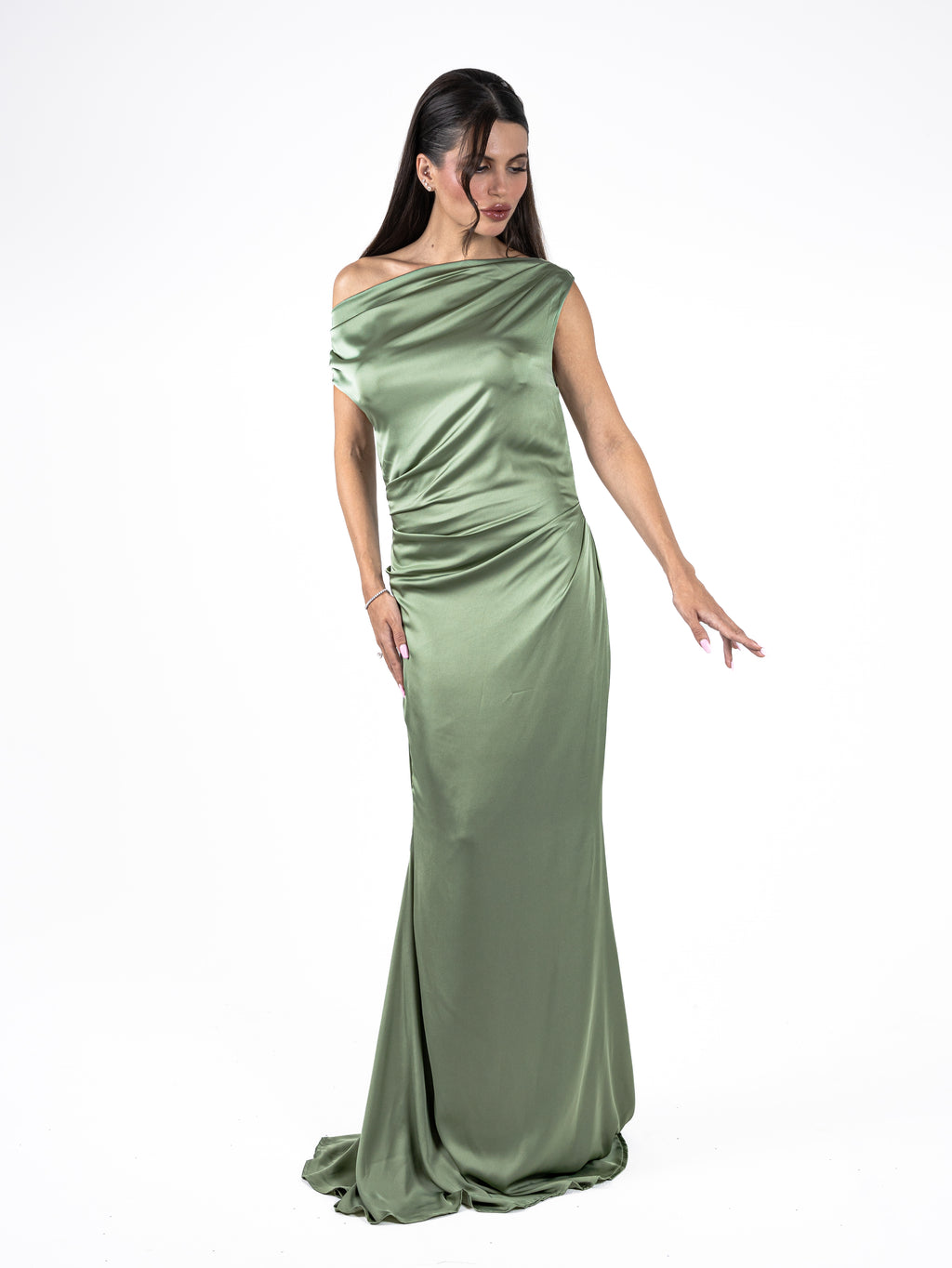 Manaizas — Olive Silk Drape Gown