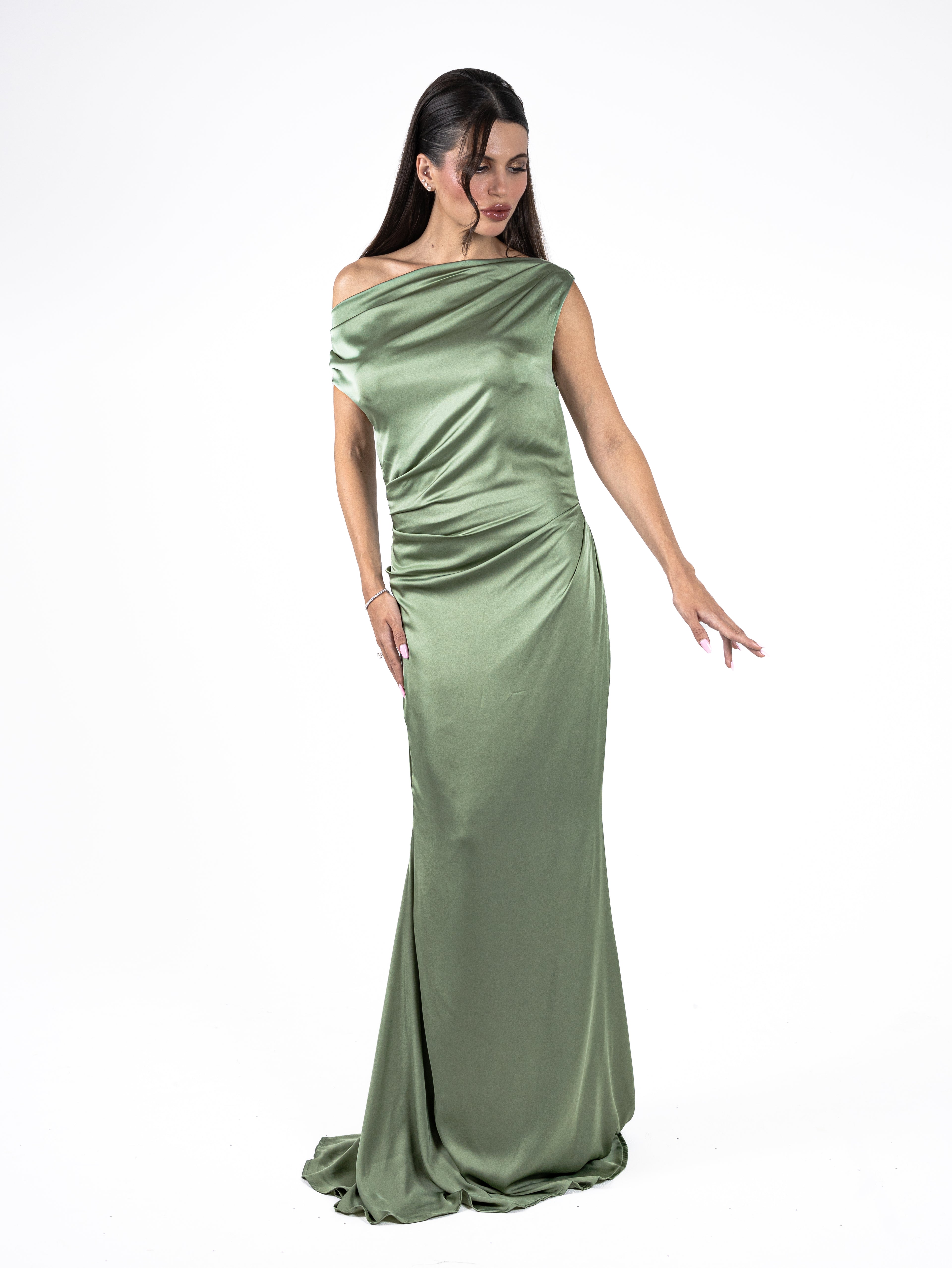 Manaizas — Olive Silk Drape Gown