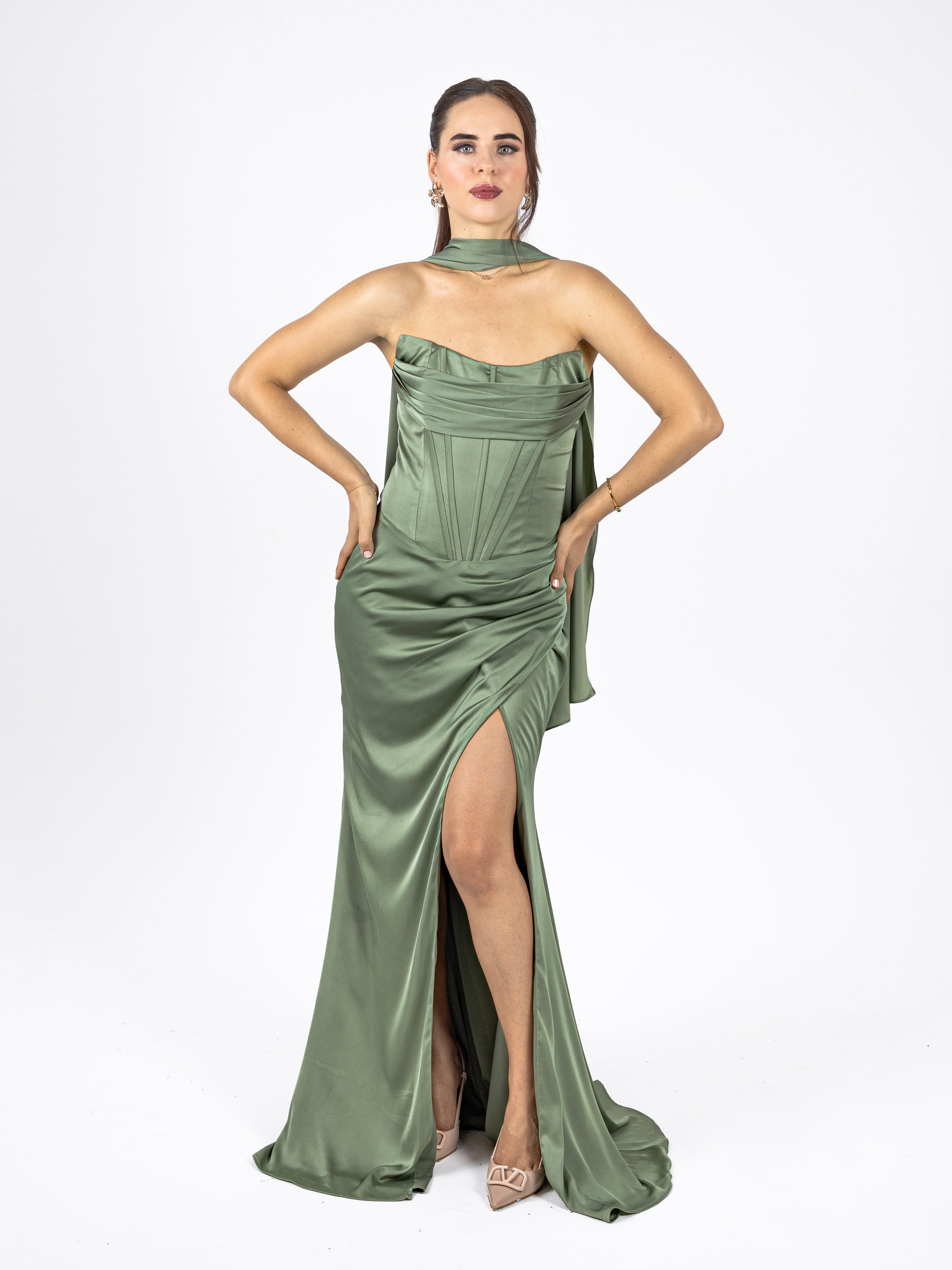 Luxe Sage Draped Evening Gown