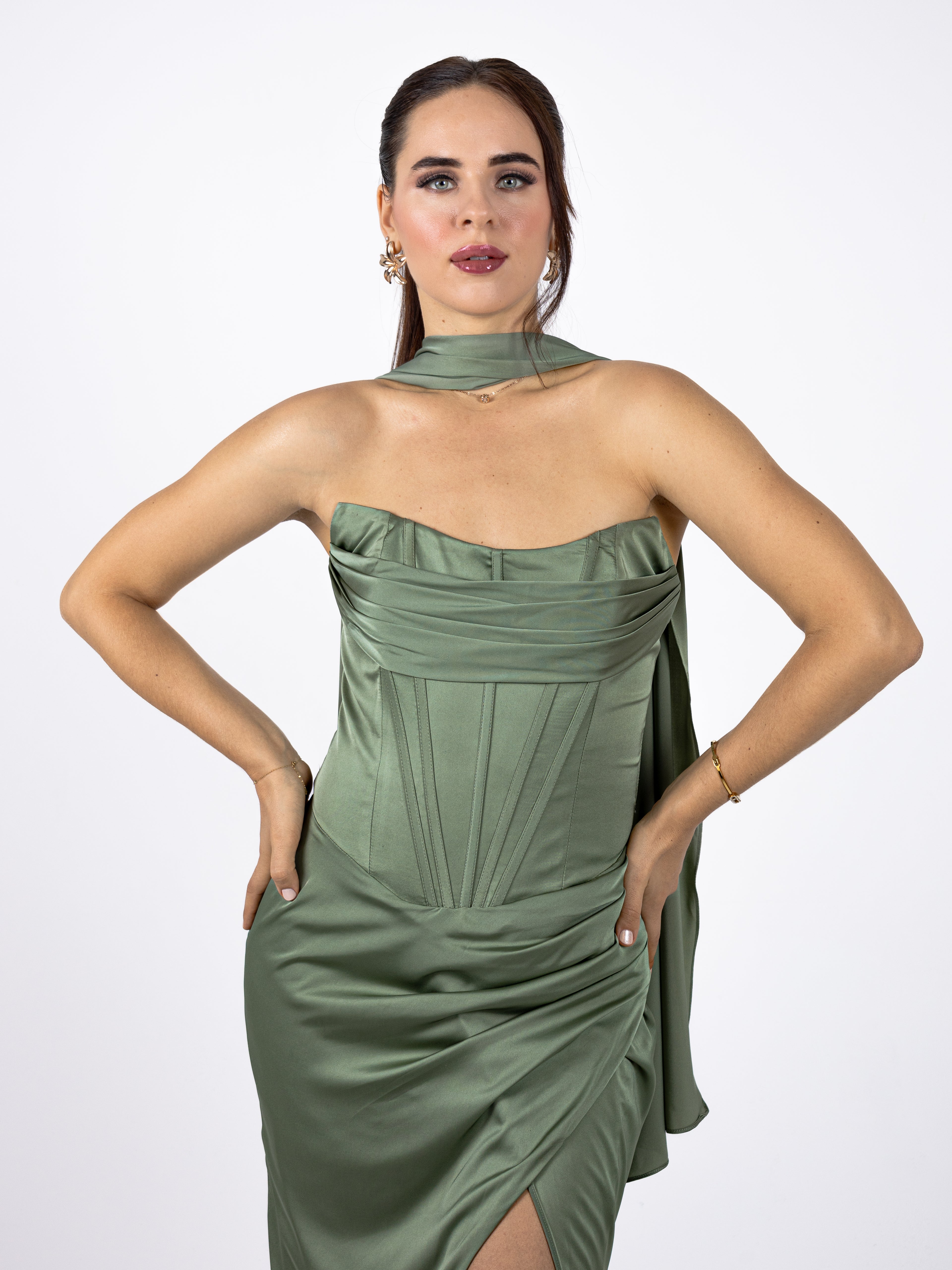 Luxe Sage Draped Evening Gown
