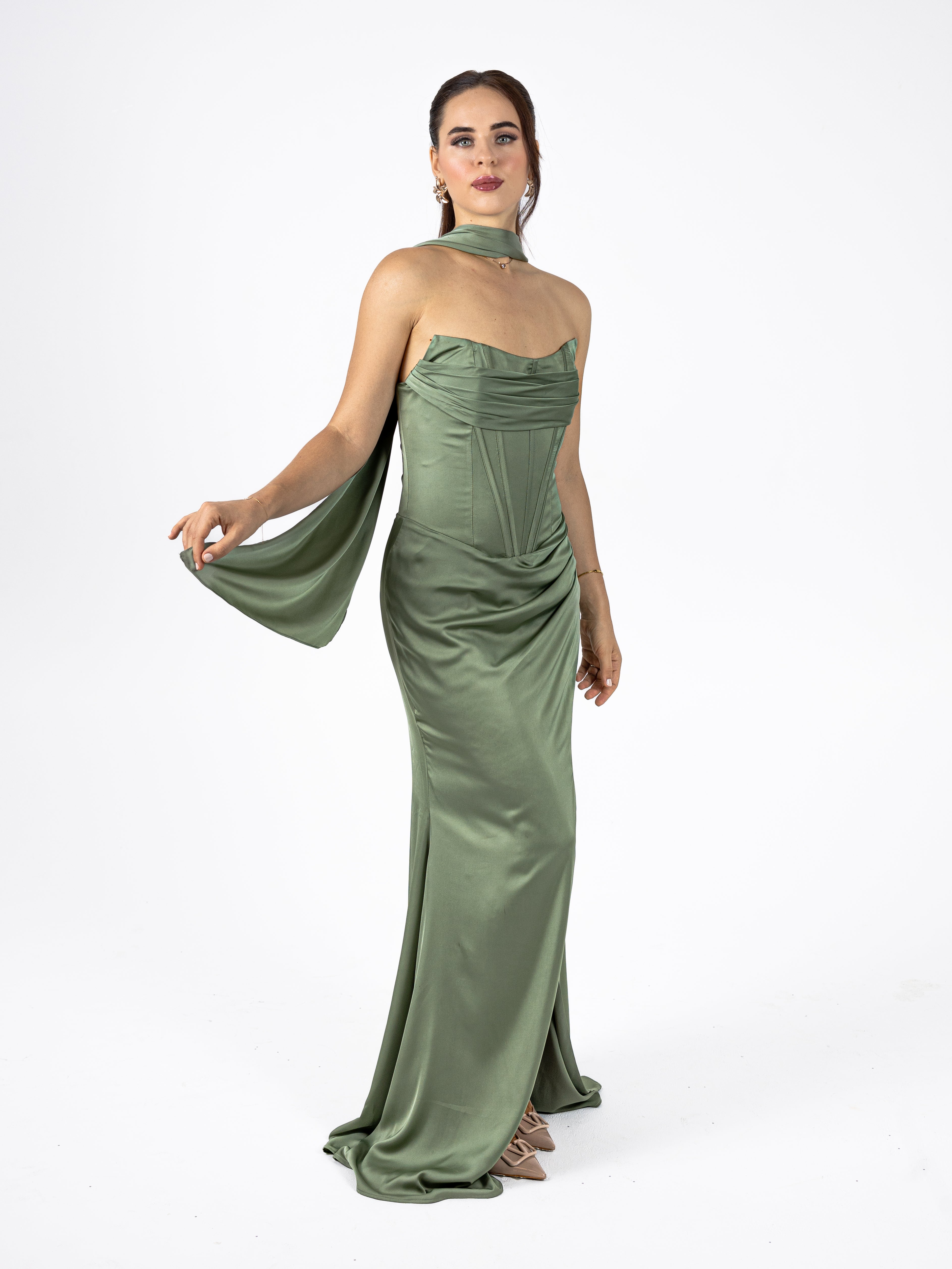 Luxe Sage Draped Evening Gown