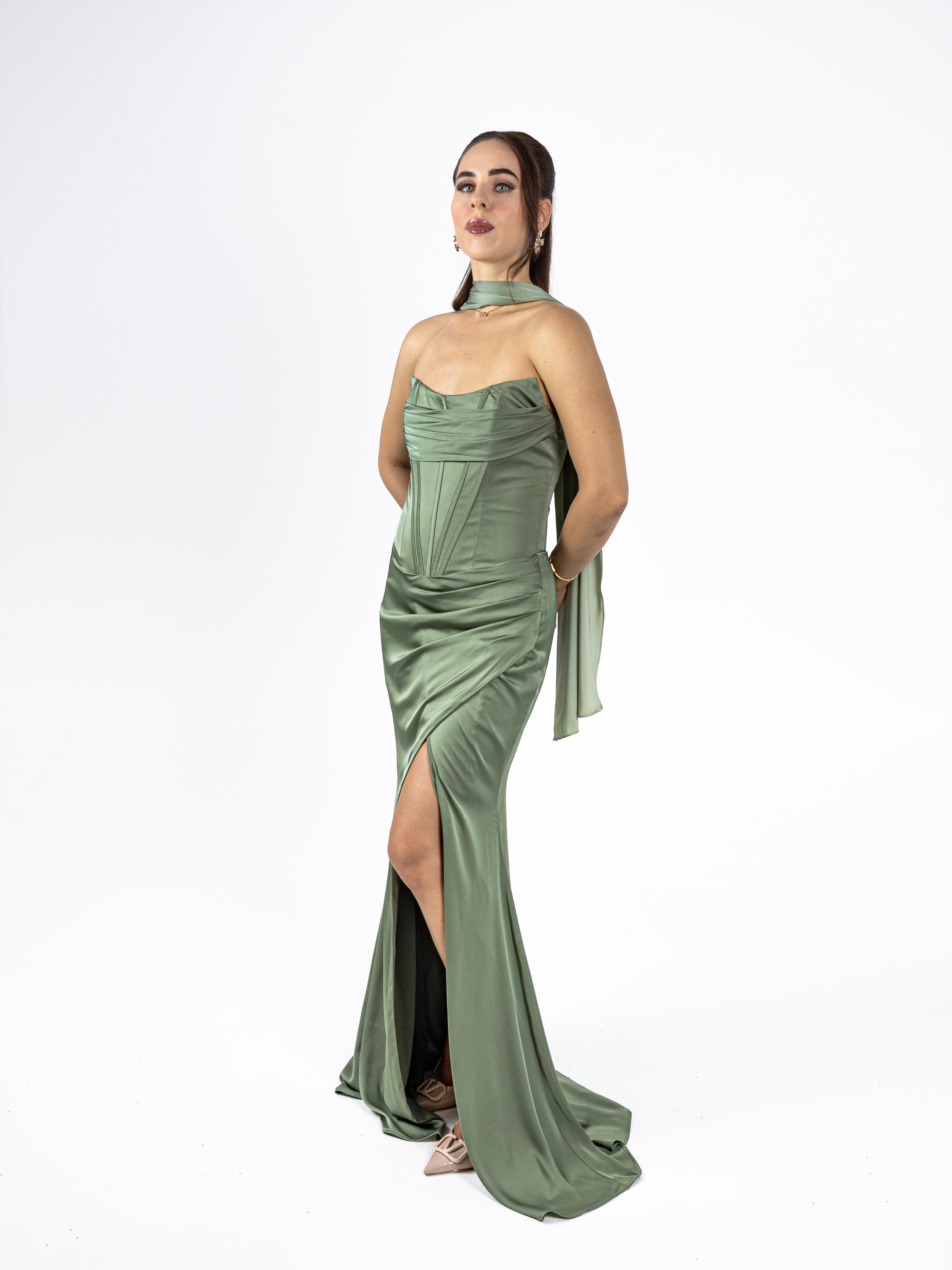 Luxe Sage Draped Evening Gown