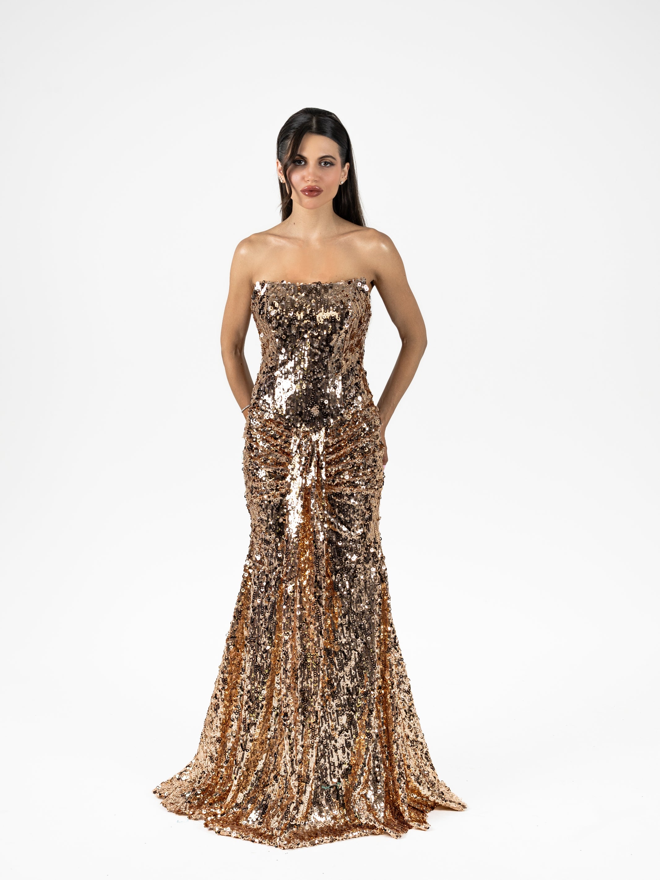 Rose Gold Sequin Strapless Evening Gown