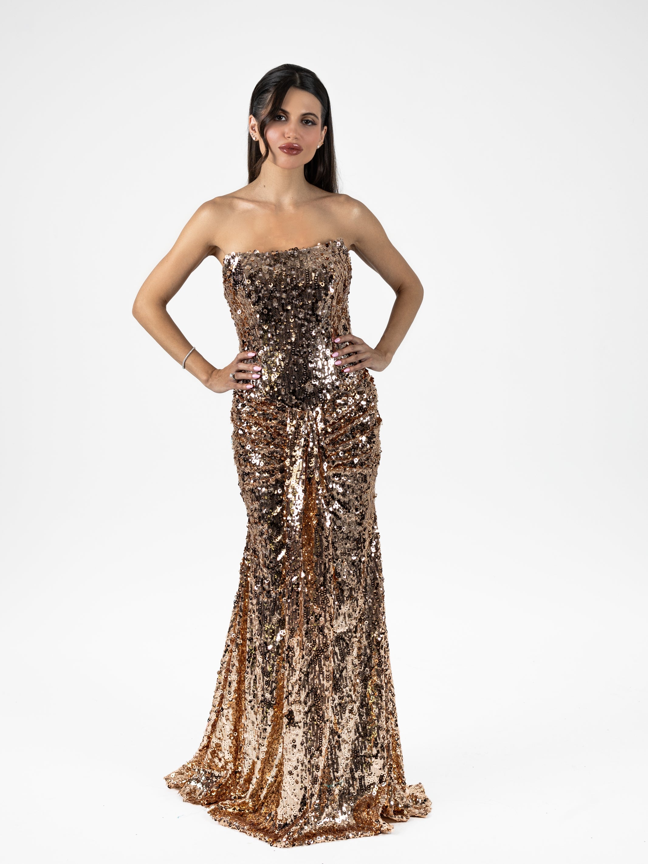 Rose Gold Sequin Strapless Evening Gown