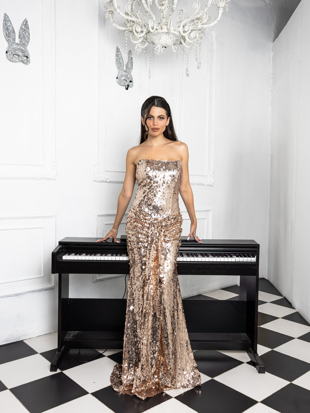 Rose Gold Sequin Strapless Evening Gown