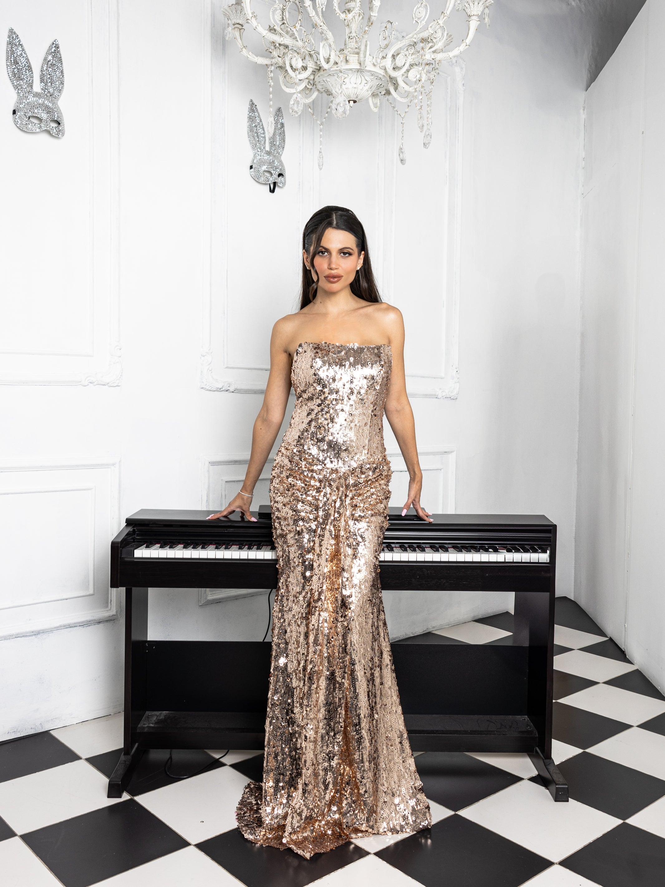 Rose Gold Sequin Strapless Evening Gown