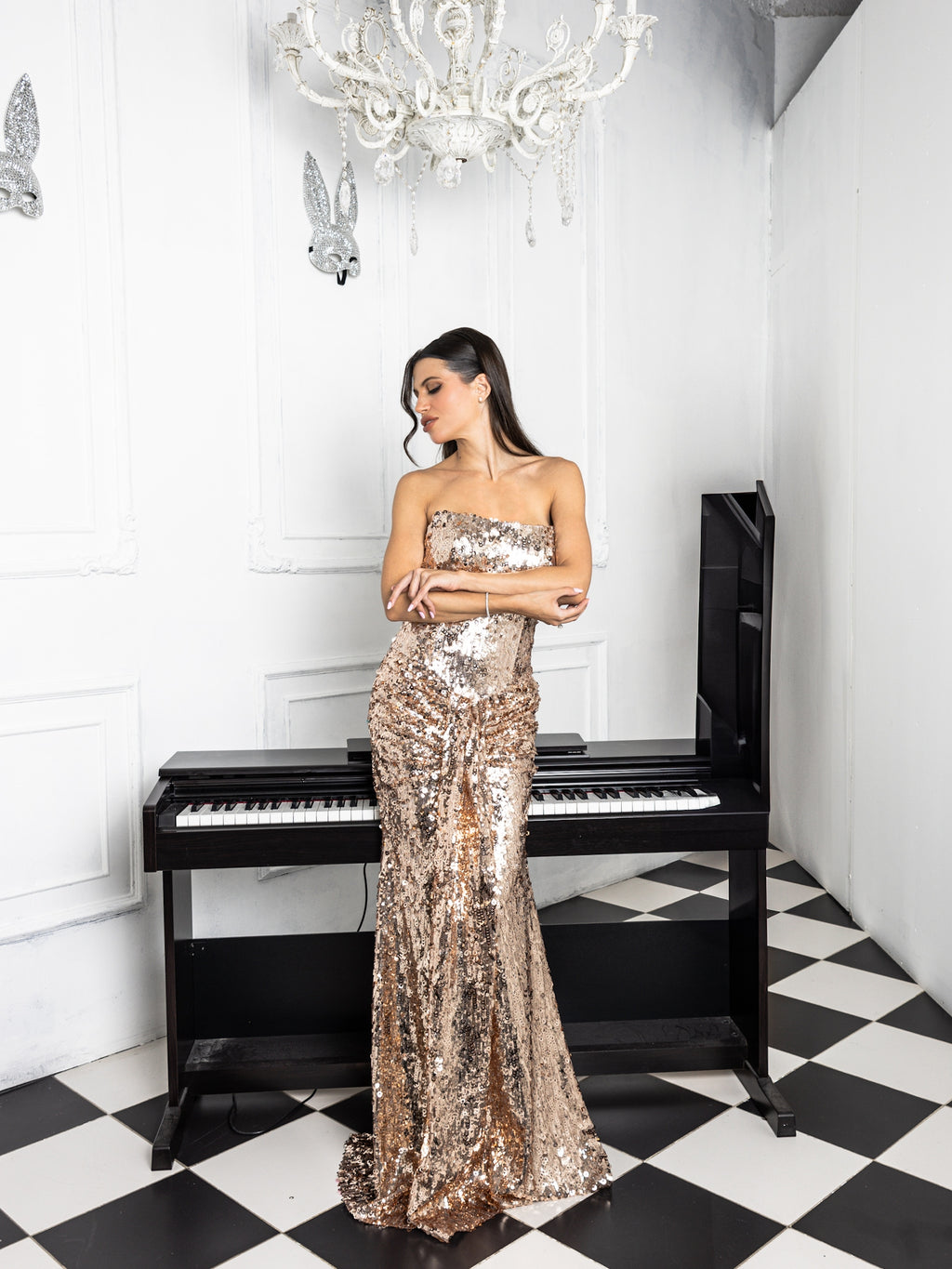 Rose Gold Sequin Strapless Evening Gown