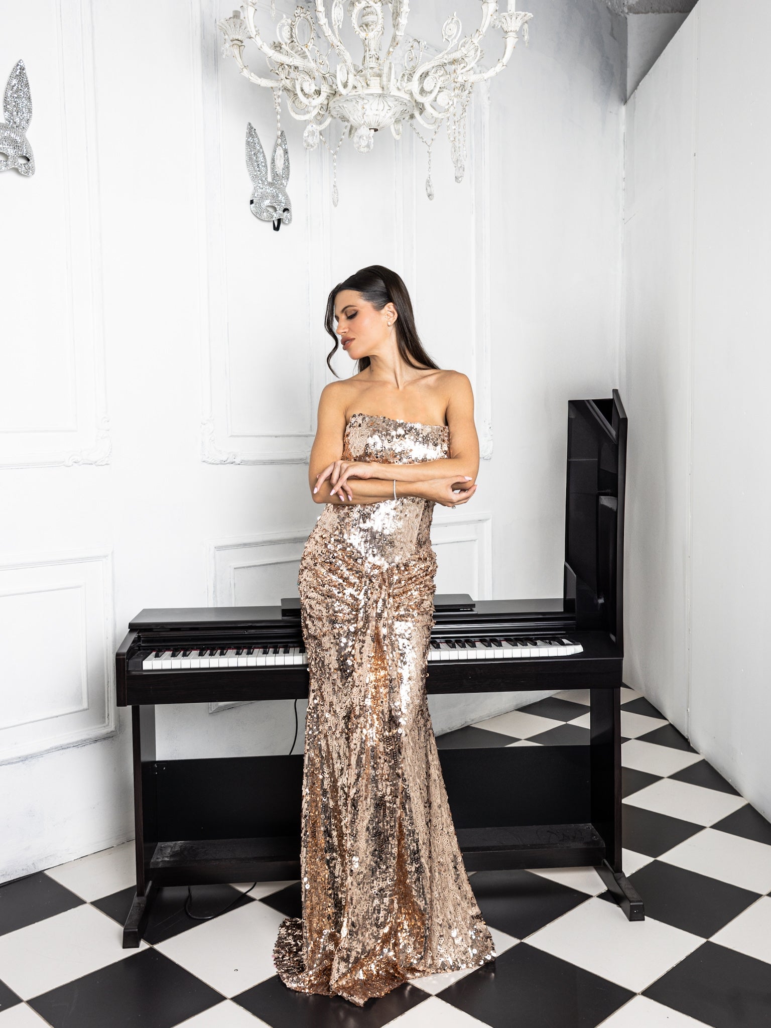 Rose Gold Sequin Strapless Evening Gown