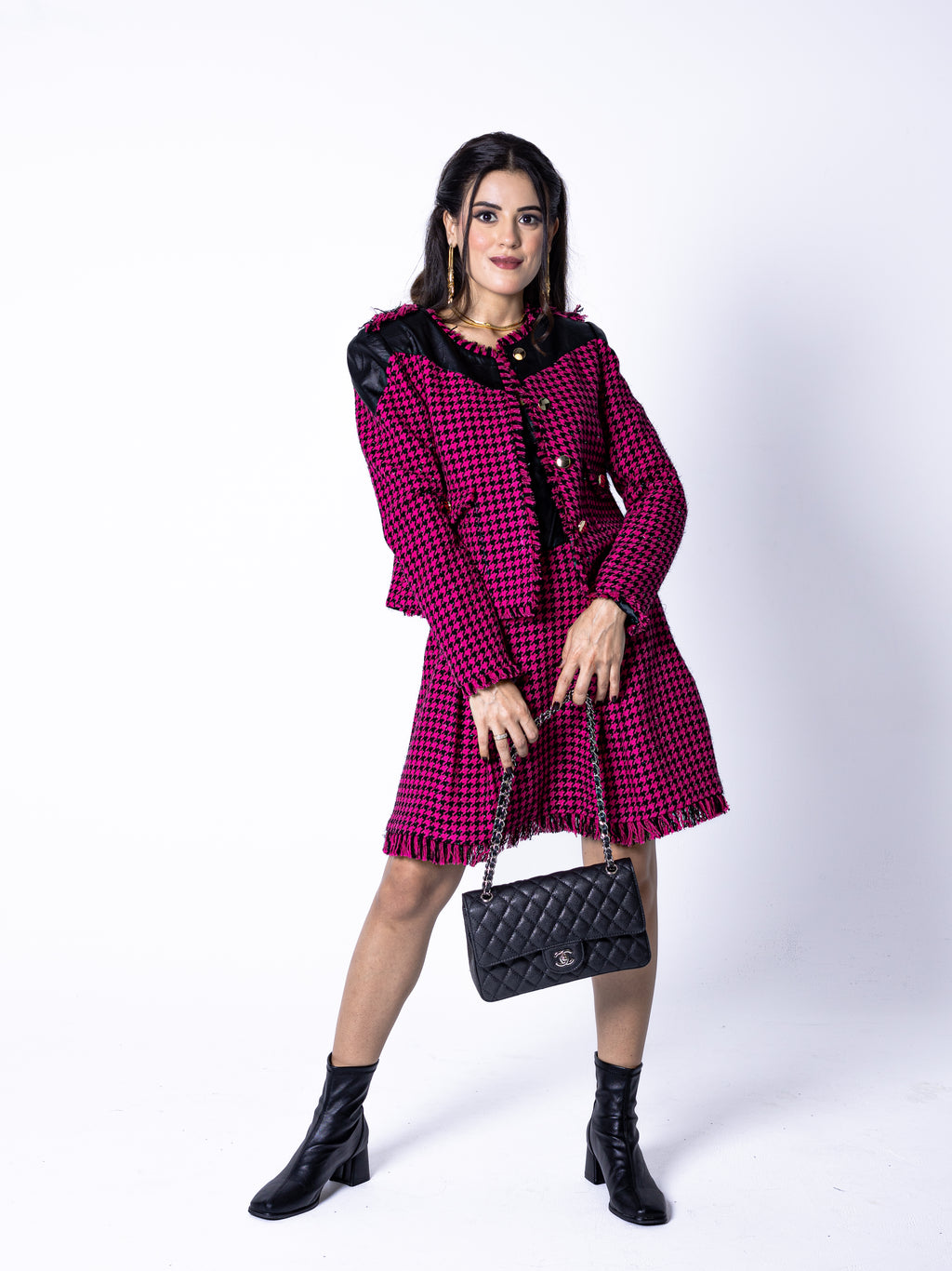 Pink & Black Houndstooth Tweed Co-Ord Set with Leather Corset — Luxury 3-Piece Set