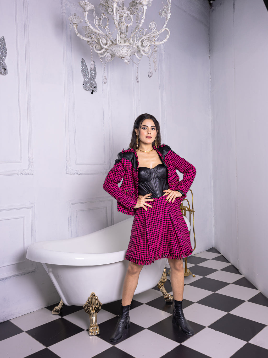 Pink & Black Houndstooth Tweed Co-Ord Set with Leather Corset — Luxury 3-Piece Set