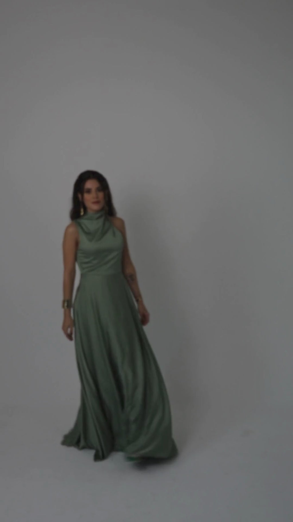 Sage Green High-Neck Draped Silk Gown